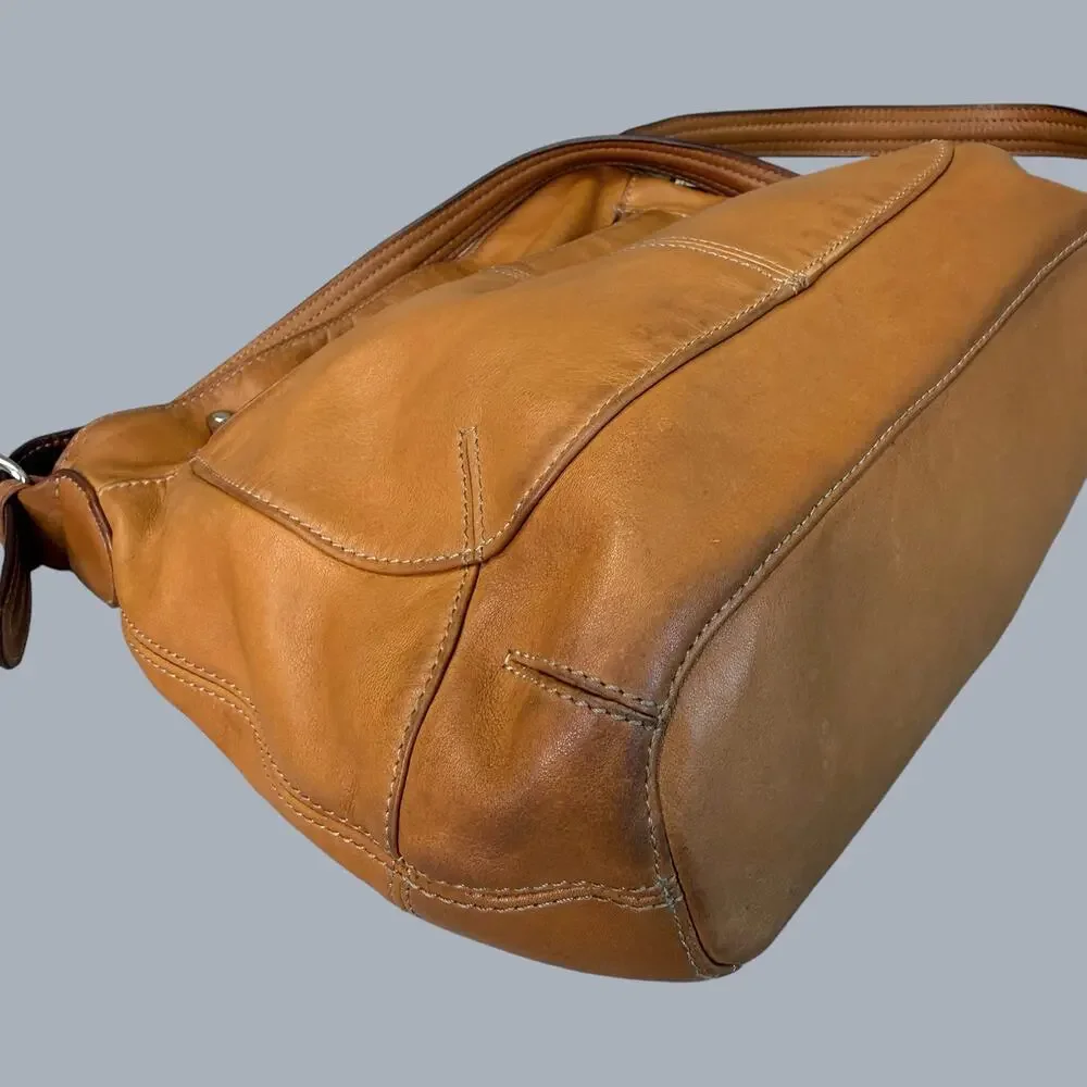 Tignanello Leather Crossbody Shoulder Bag Hobo Slouchy Tan Brown Multi Pockets